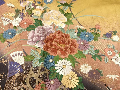 平和屋着物●豪華振袖　駒刺繍　御所車檜扇花文　暈し染め　金彩　正絹　逸品　AABH3155ph