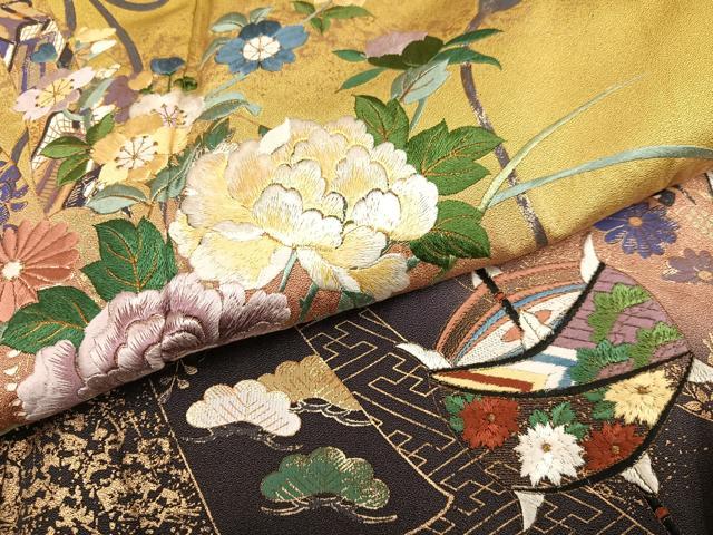 平和屋着物●豪華振袖　駒刺繍　御所車檜扇花文　暈し染め　金彩　正絹　逸品　AABH3155ph