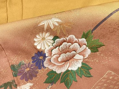 平和屋着物●豪華振袖　駒刺繍　御所車檜扇花文　暈し染め　金彩　正絹　逸品　AABH3155ph
