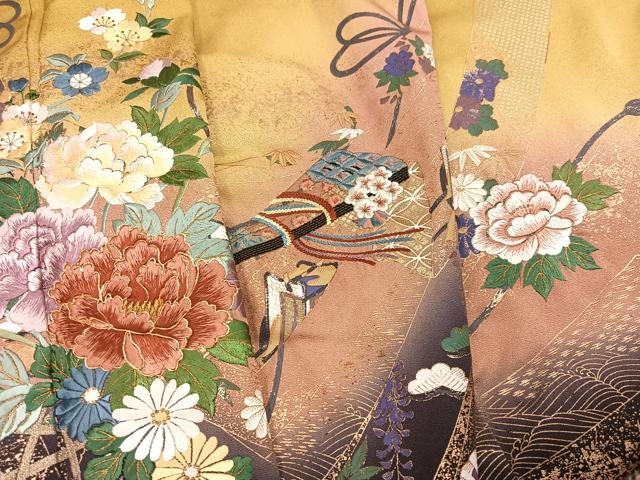 平和屋着物●豪華振袖　駒刺繍　御所車檜扇花文　暈し染め　金彩　正絹　逸品　AABH3155ph