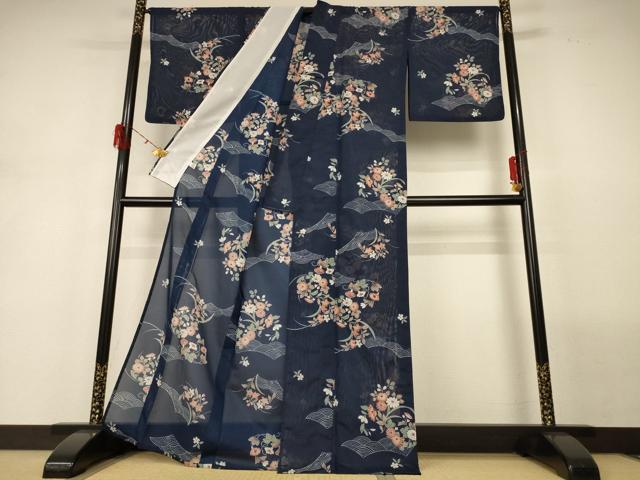平和屋着物＊夏物 小紋 絽 草花文 洗える着物 AABH3192jd
