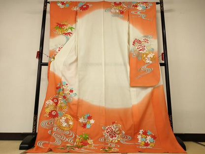 平和屋着物＊夏物 振袖 絽 刺繍 流水草花文 洗える着物 AABH3225jd