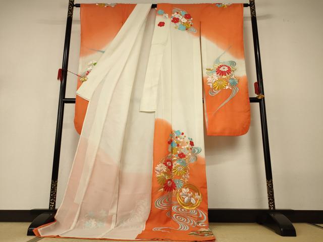 平和屋着物＊夏物 振袖 絽 刺繍 流水草花文 洗える着物 AABH3225jd