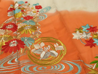 平和屋着物＊夏物 振袖 絽 刺繍 流水草花文 洗える着物 AABH3225jd