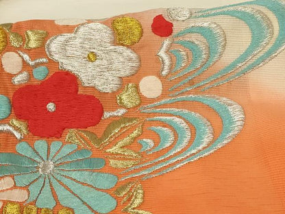 平和屋着物＊夏物 振袖 絽 刺繍 流水草花文 洗える着物 AABH3225jd