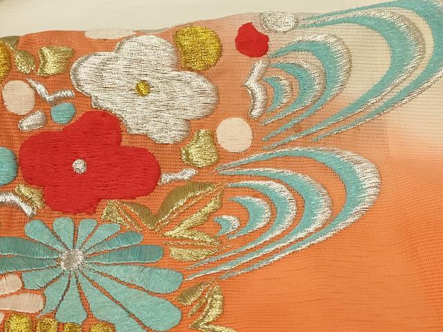 平和屋着物＊夏物 振袖 絽 刺繍 流水草花文 洗える着物 AABH3225jd