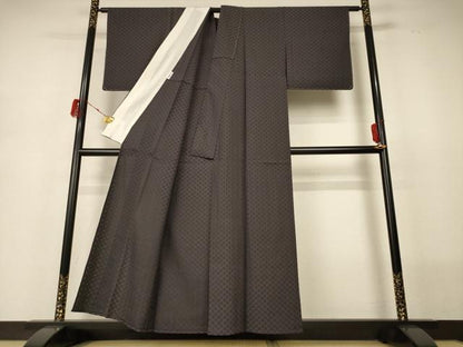 平和屋着物▽お召　単衣　市松文様　黒橡色　正絹　逸品　未使用　AABH3251jd