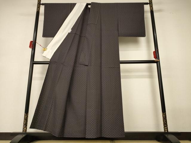 平和屋着物▽お召　単衣　市松文様　黒橡色　正絹　逸品　未使用　AABH3251jd