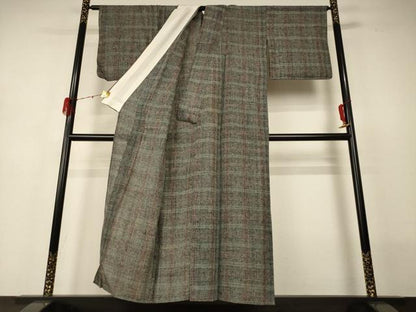 平和屋着物＊夏物　紗紬　格子　正絹　逸品　AABH3252jd