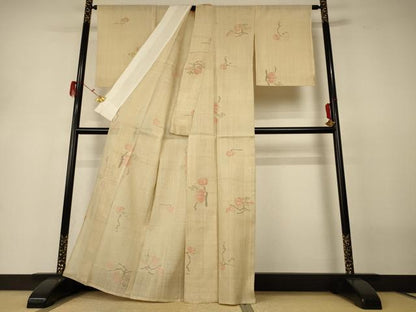 平和屋着物＊夏物　生紬　枝花文　正絹　逸品　AABH3259jd