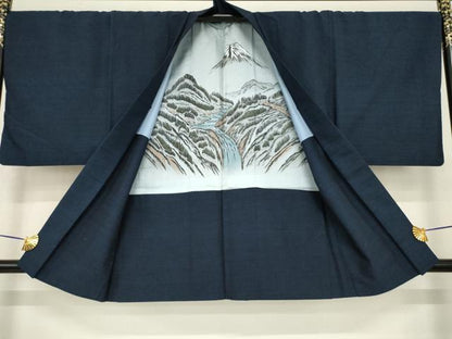 平和屋着物●男性　結城紬　アンサンブル　杢　青褐色　正絹　逸品　AABH3300ck