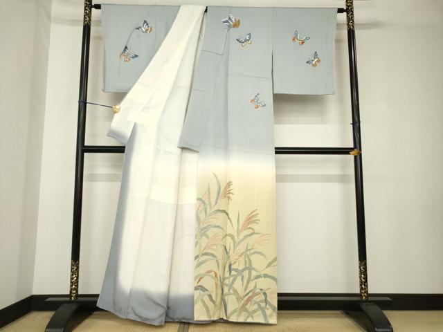 平和屋着物●訪問着　友禅　刺繍　舞蝶文　暈し染め　正絹　逸品　AABH3305ck