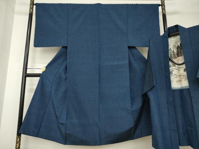 平和屋着物●男性　髭紬　アンサンブル　色無地　青褐色　正絹　逸品　AABH3306ck