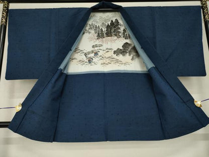 平和屋着物●男性　髭紬　アンサンブル　色無地　青褐色　正絹　逸品　AABH3306ck