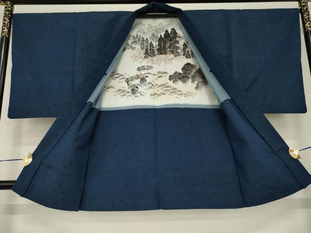 平和屋着物●男性　髭紬　アンサンブル　色無地　青褐色　正絹　逸品　AABH3306ck