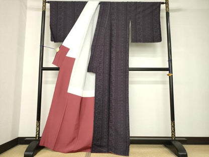 平和屋着物●結城紬　100亀甲　唐草間道　正絹　逸品　未使用　AABH3311ck