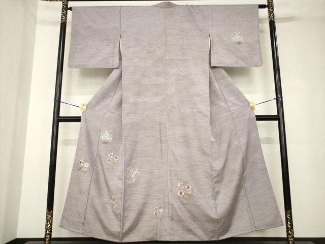 平和屋着物○訪問着 紬地 刺繍 花丸文 金銀糸 正絹 逸品 AABH3317ck
