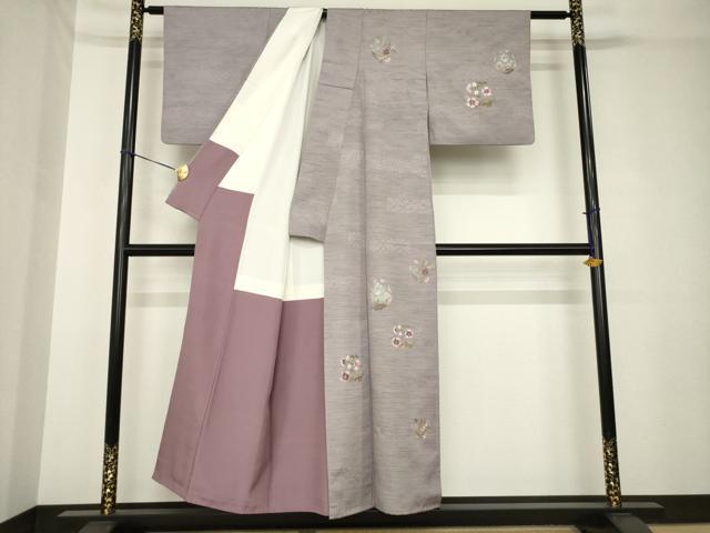 平和屋着物○訪問着 紬地 刺繍 花丸文 金銀糸 正絹 逸品 AABH3317ck