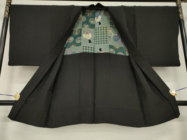 平和屋着物●男性　紬　アンサンブル　黒地　正絹　逸品　AABH3336ck