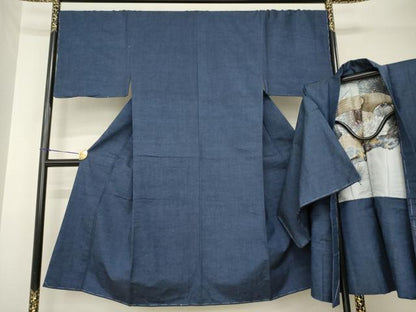 平和屋着物●男性　紬　アンサンブル　色無地　青褐色　正絹　逸品　未使用　AABH3338ck