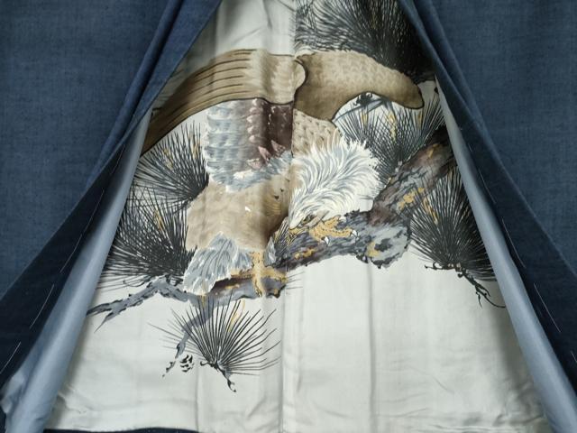 平和屋着物○男性 紬 アンサンブル 色無地 青褐色 正絹 逸品 未使用