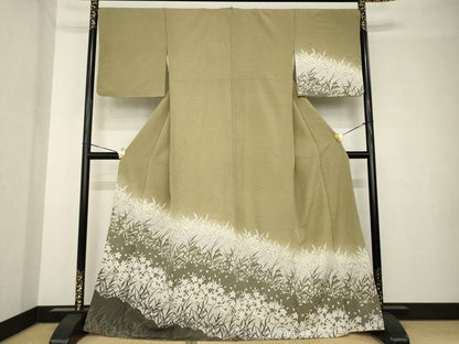 平和屋着物●訪問着　ぜんまい紬地　草花文　正絹　逸品　AABH3342ck