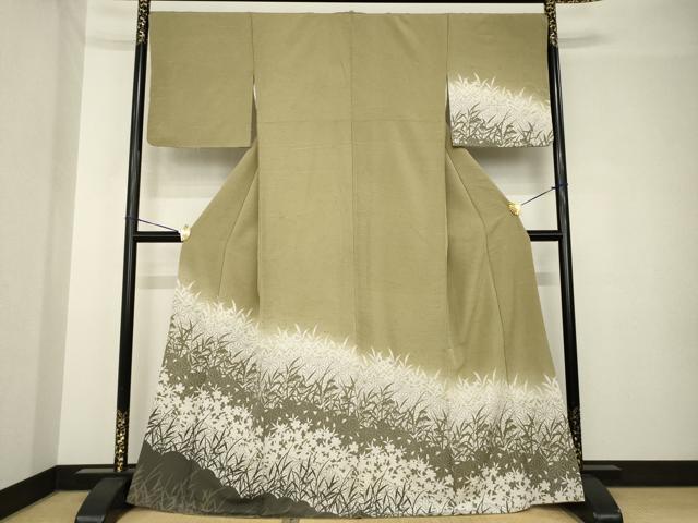 平和屋着物●訪問着　ぜんまい紬地　草花文　正絹　逸品　AABH3342ck