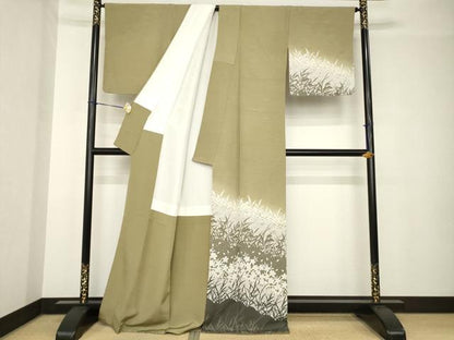 平和屋着物●訪問着　ぜんまい紬地　草花文　正絹　逸品　AABH3342ck