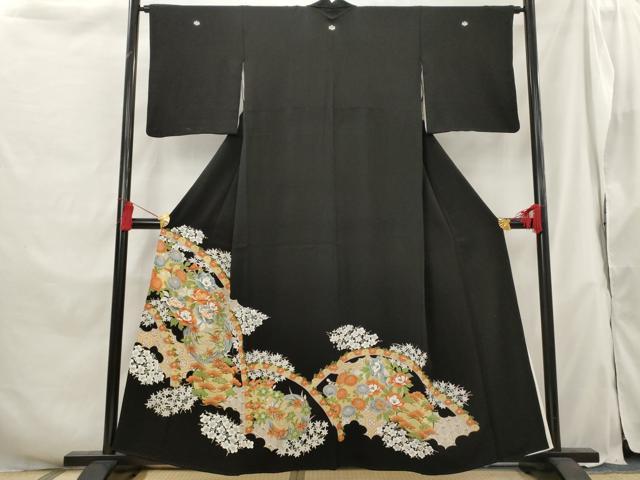 平和屋着物■豪華黒留袖 刺繍 草花文 金糸 金彩 正絹 逸品 AABH3361st