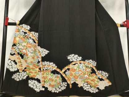 平和屋着物■豪華黒留袖 刺繍 草花文 金糸 金彩 正絹 逸品 AABH3361st