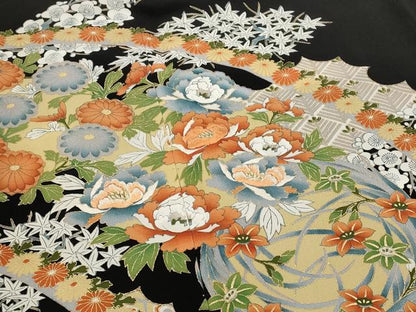 平和屋着物■豪華黒留袖 刺繍 草花文 金糸 金彩 正絹 逸品 AABH3361st