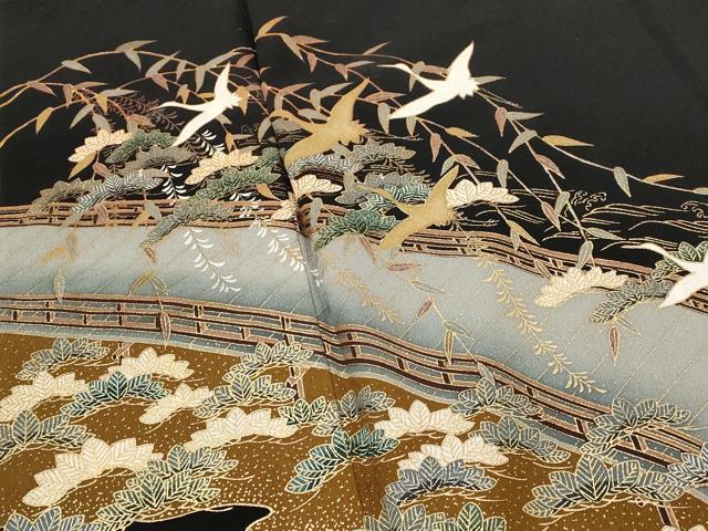 平和屋着物■豪華黒留袖 流水飛鶴松文 金彩 正絹 逸品 AABH3367st