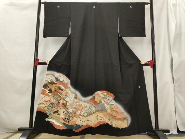 平和屋着物■豪華黒留袖 作家物 駒刺繍 扇花鳥文 暈し染め 金彩 正絹 逸品 AABH3369st