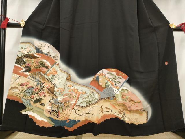 平和屋着物■豪華黒留袖 作家物 駒刺繍 扇花鳥文 暈し染め 金彩 正絹 逸品 AABH3369st