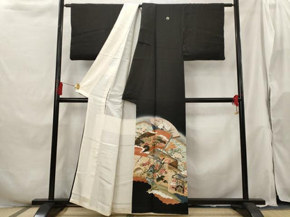 平和屋着物■豪華黒留袖 作家物 駒刺繍 扇花鳥文 暈し染め 金彩 正絹 逸品 AABH3369st