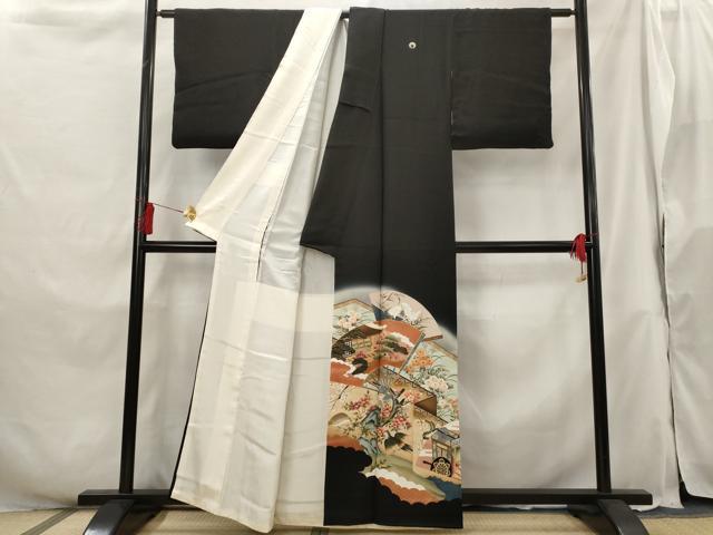 平和屋着物■豪華黒留袖 作家物 駒刺繍 扇花鳥文 暈し染め 金彩 正絹 逸品 AABH3369st