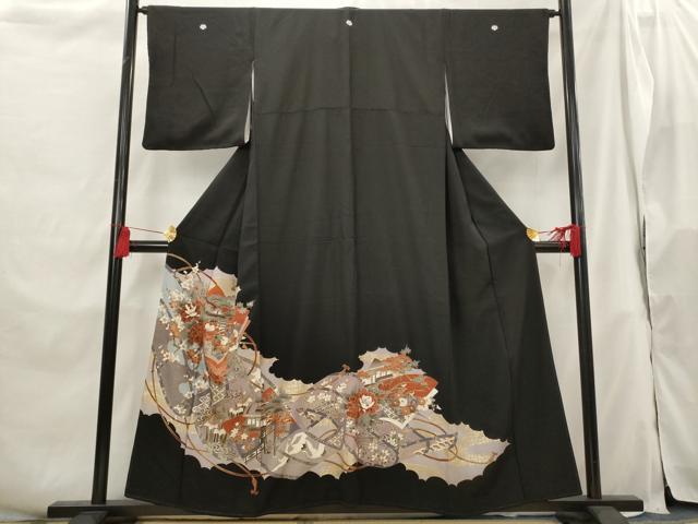 平和屋着物■豪華黒留袖 風景飛鶴花文 金彩 正絹 逸品 AABH3375st