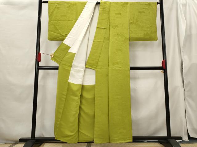 平和屋着物■上質な色無地 草葉地紋 鶯色 正絹 逸品 AABH3382st