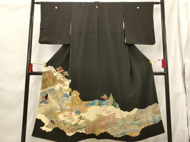 平和屋着物■豪華黒留袖 刺繍 人物風景文 金糸 金彩 正絹 逸品 AABH3385st