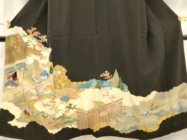 平和屋着物■豪華黒留袖 刺繍 人物風景文 金糸 金彩 正絹 逸品 AABH3385st