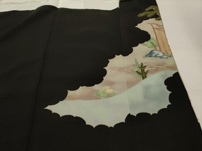 平和屋着物■豪華黒留袖 刺繍 人物風景文 金糸 金彩 正絹 逸品 AABH3385st