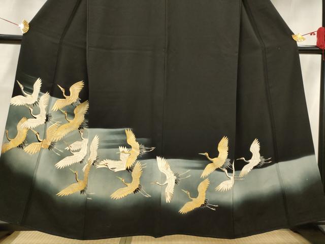 平和屋着物■豪華黒留袖 飛鶴文 暈し染め 金彩 正絹 逸品 AABH3386st