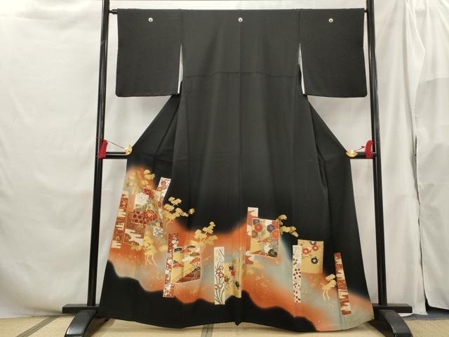 平和屋着物■豪華黒留袖 駒刺繍 色紙花文 暈し染め 金彩 正絹 逸品 AABH3395st