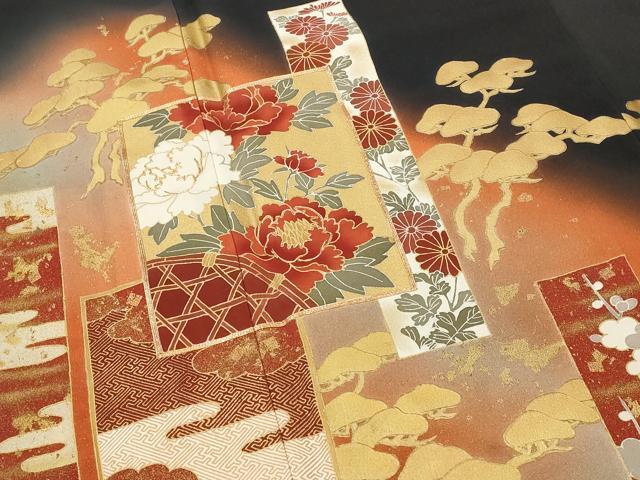 平和屋着物■豪華黒留袖 駒刺繍 色紙花文 暈し染め 金彩 正絹 逸品 AABH3395st