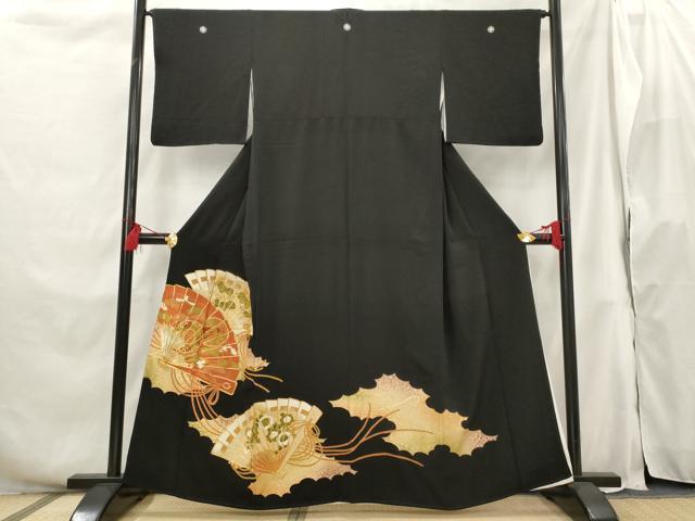 平和屋着物■豪華黒留袖 駒刺繍 檜扇花文 金彩 正絹 逸品 AABH3397st