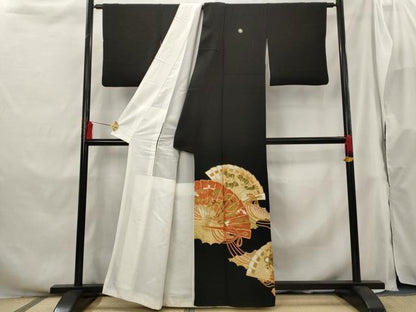 平和屋着物■豪華黒留袖 駒刺繍 檜扇花文 金彩 正絹 逸品 AABH3397st