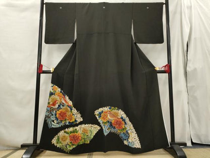 平和屋着物■豪華黒留袖 刺繍 花鳥文 金糸 正絹 逸品 AABH3421st