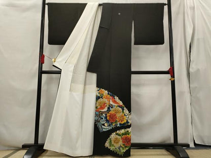 平和屋着物■豪華黒留袖 刺繍 花鳥文 金糸 正絹 逸品 AABH3421st