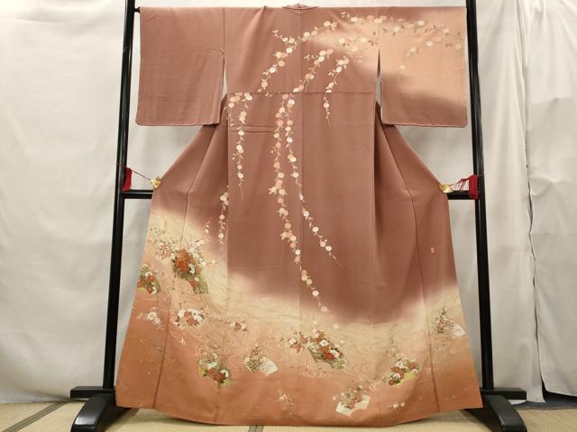 平和屋着物■訪問着　作家物　駒刺繍　流水地紙花文　暈し染め　金彩　正絹　逸品　AABH3458st