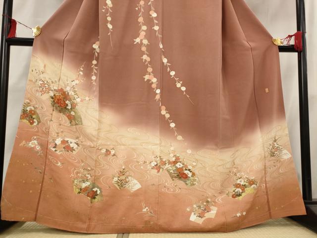 平和屋着物■訪問着　作家物　駒刺繍　流水地紙花文　暈し染め　金彩　正絹　逸品　AABH3458st